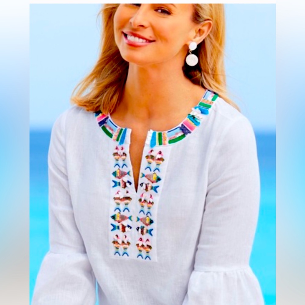 New Talbots White Linen Long Bell Sleeve Tunic Blouse with Fish Detail Size 1X